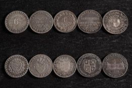 Five 19th Century silver sixpence tokens, including Birmingham, Dorsetshire, Flintshire, Rudston,