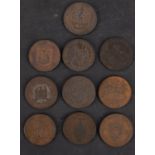 Ten 18th Century halfpenny copper tokens.