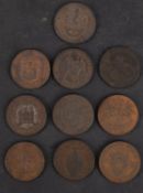 Ten 18th Century halfpenny copper tokens.