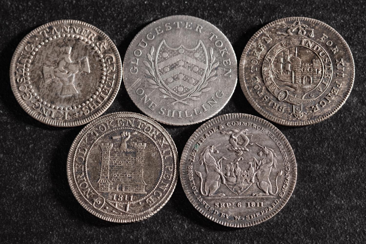 Five 19th Century silver shilling tokens including Norfolk, Marlborough, Bristol etc. - Image 2 of 3