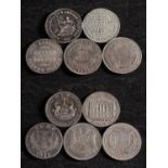 Five 19th Century silver shilling tokens, including Leeds, Workhouse, Newark, Derby,