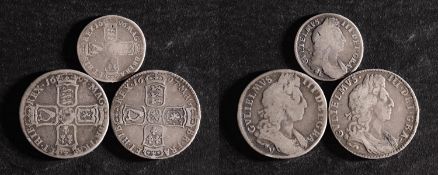 A William III halfcrown (1697 (y) and a halfcrown 1697 and an Exeter Mint Shilling, 1696.