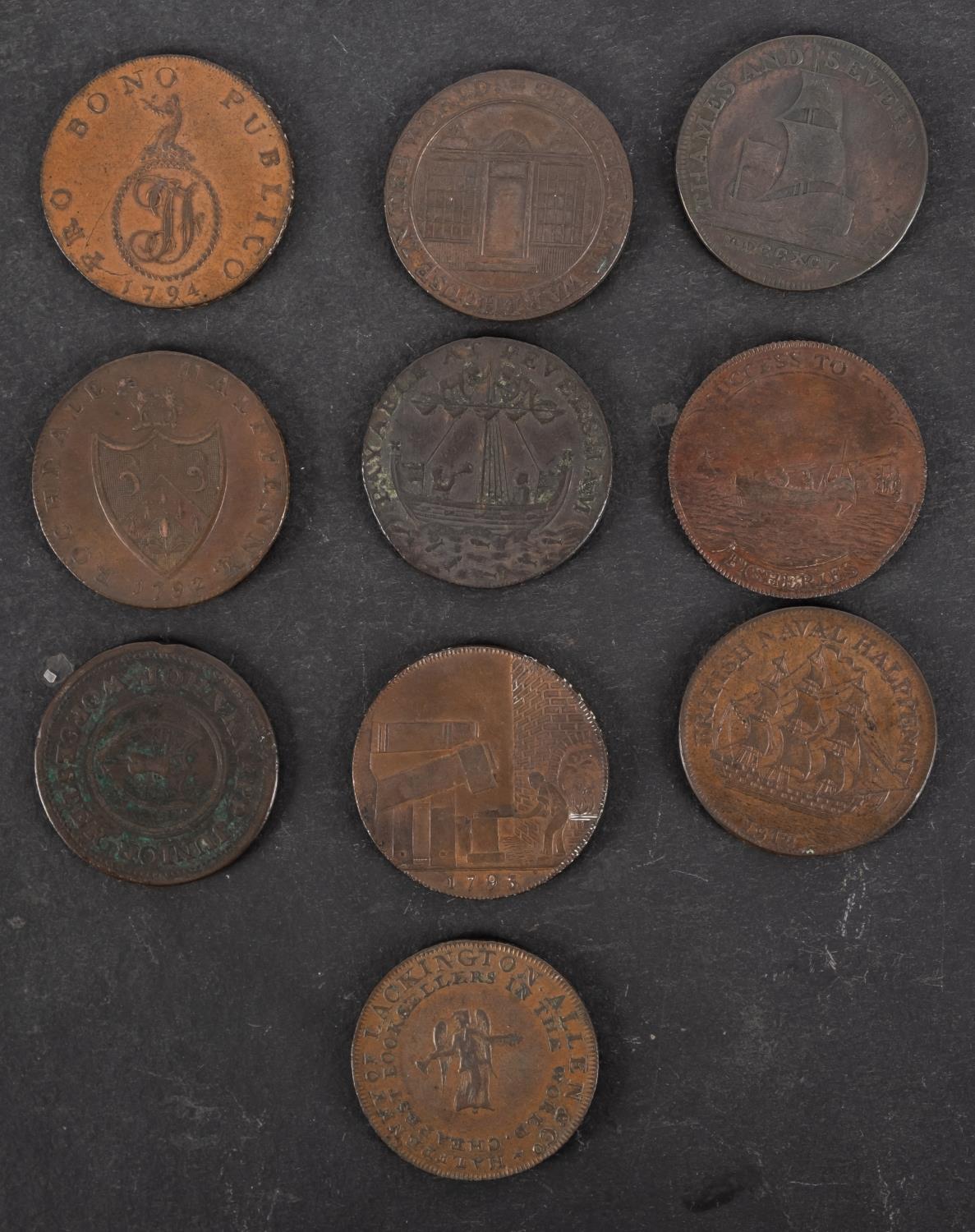 Ten 18th Century halfpenny tokens.