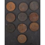 Ten 18th Century halfpenny tokens.