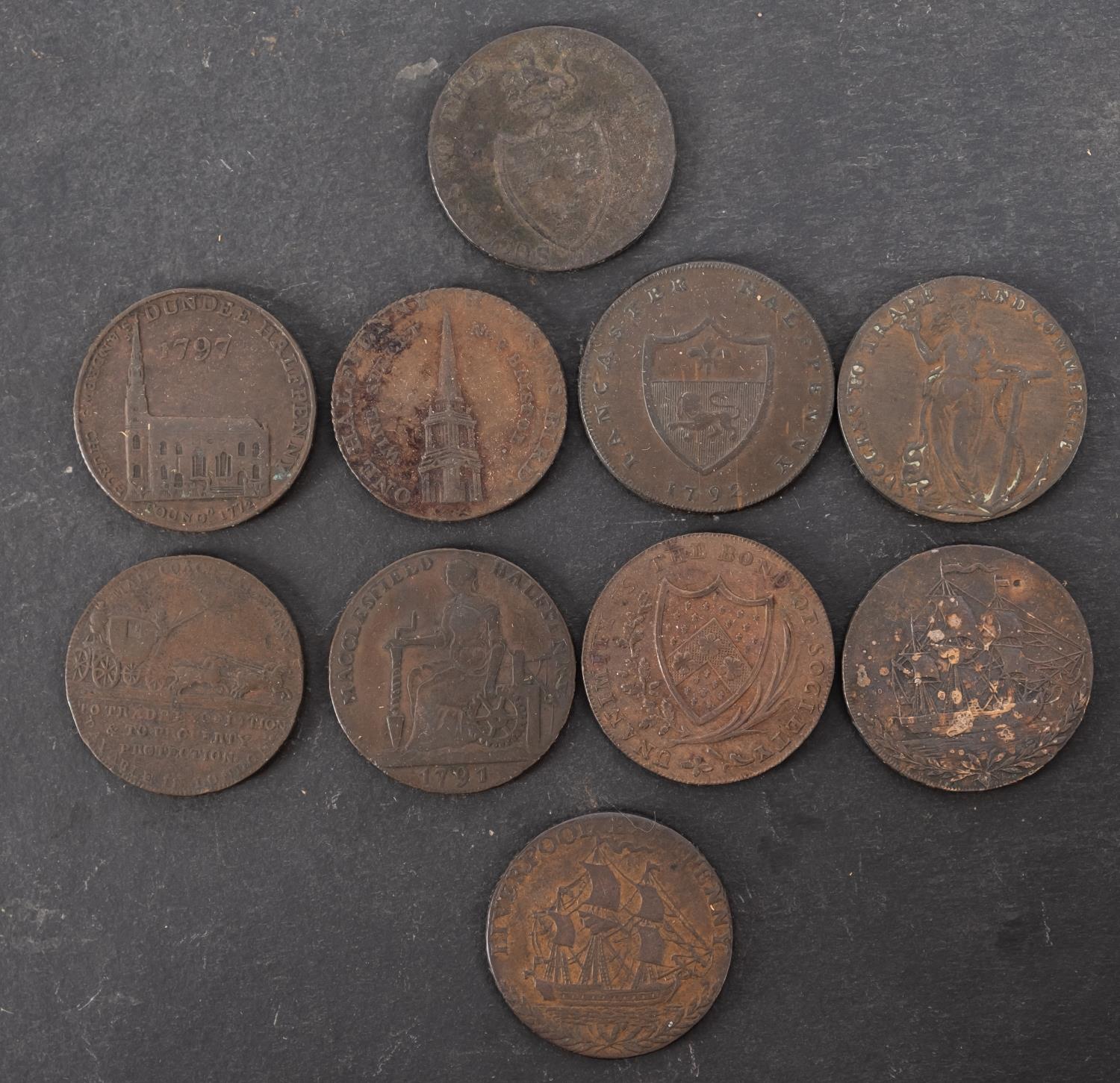 Ten copper 18th Century trade tokens.