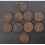 Ten copper 18th Century trade tokens.