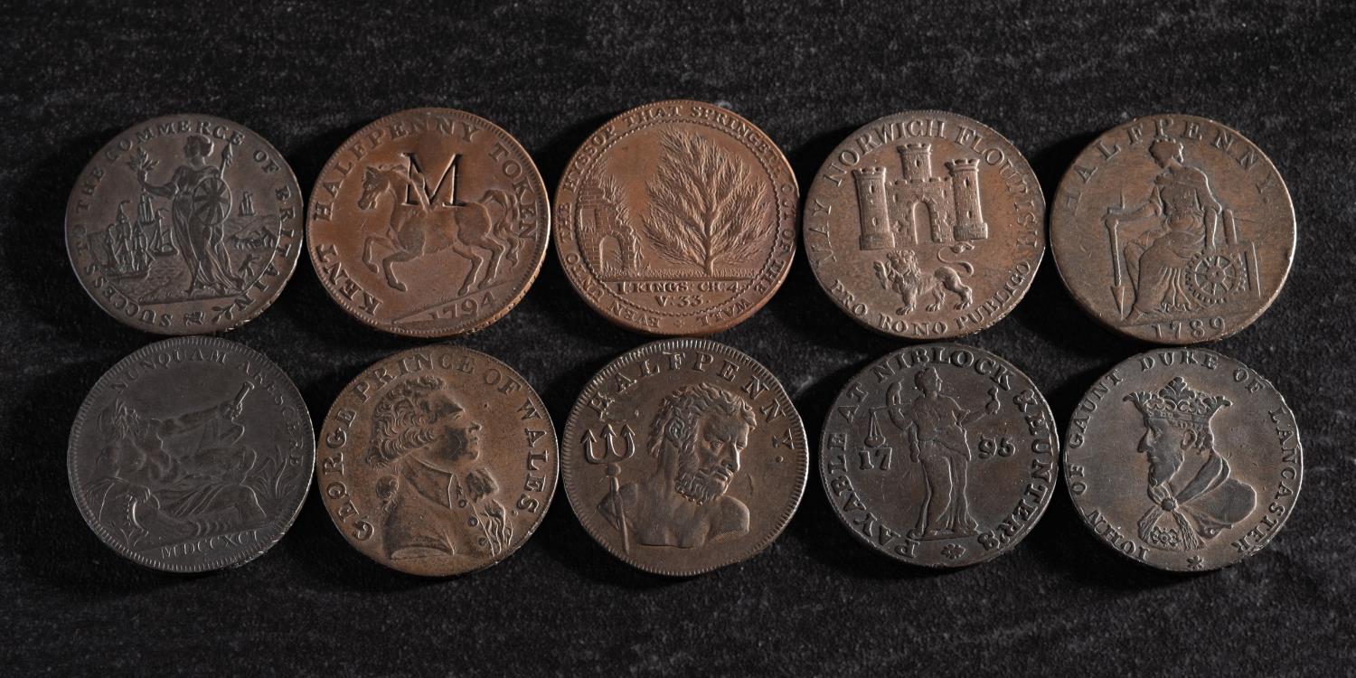 Ten 18th Century halfpenny tokens. - Image 2 of 3