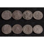 Four 19th Century silver sixpence tokens including Stockport, Charing Cross and two Britannia.