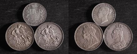A Crown (LX), 186 with a half Crown, 1874 and a Crown, 1887 (3).