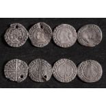 Three Elizabeth I shillings and Henry Groat (Lower grades and damage).
