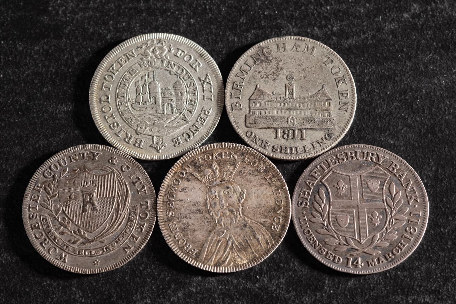 Five 19th Century silver shilling tokens, including Worcester, Frome, Bristol, - Image 2 of 3