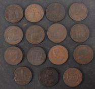 Fifteen copper 18th Century trade tokens.
