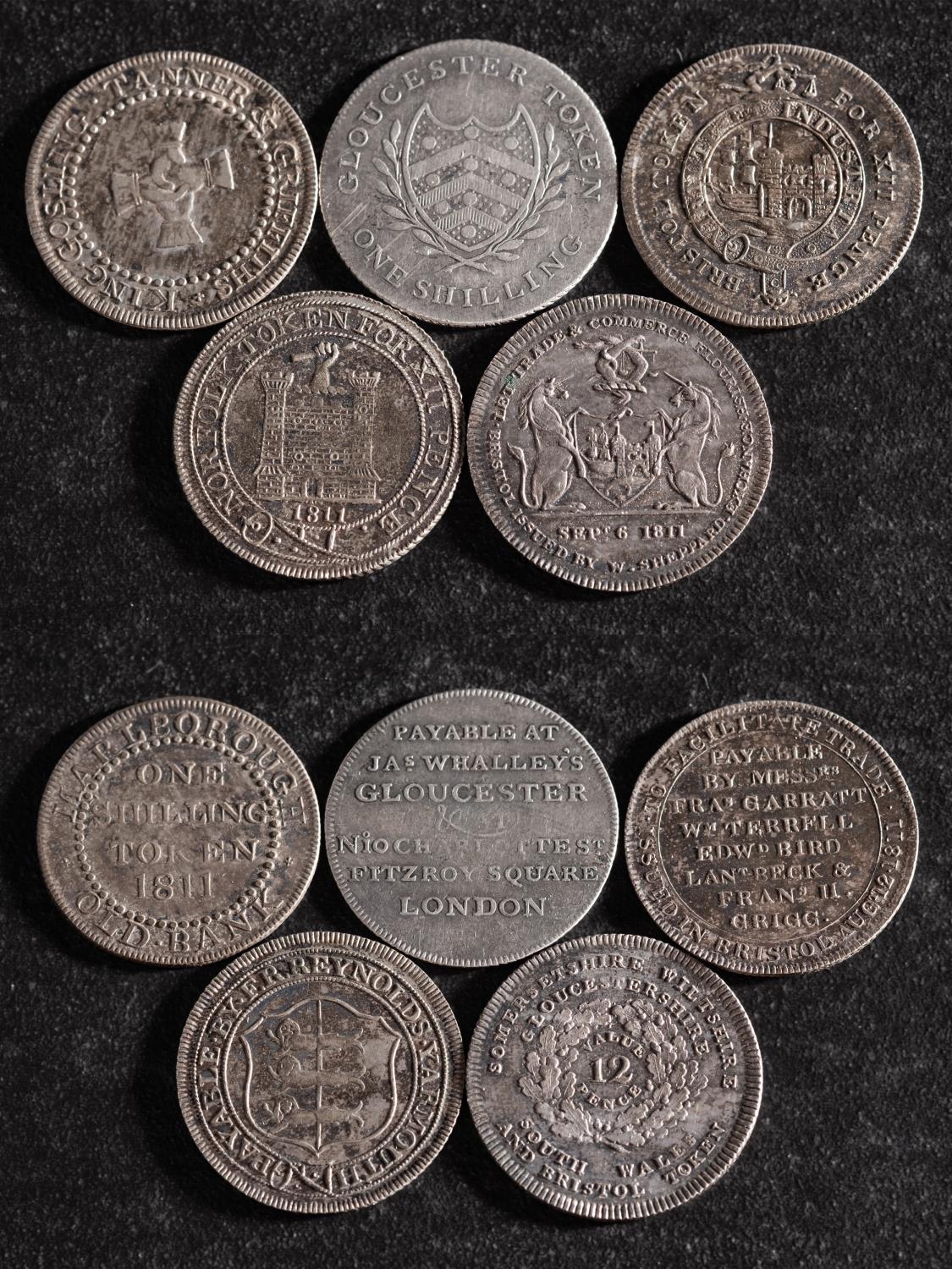 Five 19th Century silver shilling tokens including Norfolk, Marlborough, Bristol etc.