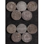 Five 19th Century silver shilling tokens including Norfolk, Marlborough, Bristol etc.
