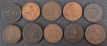 Ten 19th Century copper penny trade tokens.
