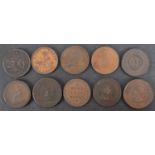 Ten 19th Century copper penny trade tokens.