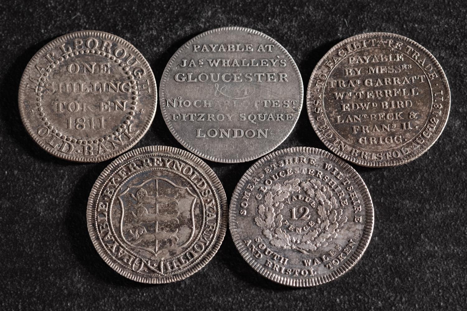 Five 19th Century silver shilling tokens including Norfolk, Marlborough, Bristol etc. - Image 3 of 3