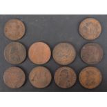 Ten copper 18th Century trade tokens.