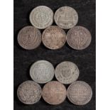 Five 19th Century silver shilling tokens, including Worcester, Frome, Bristol,