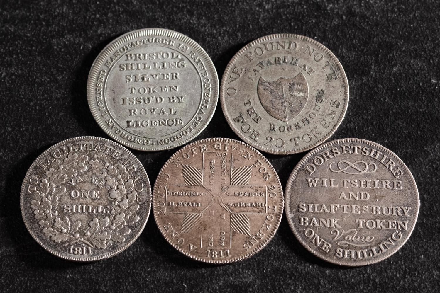 Five 19th Century silver shilling tokens, including Worcester, Frome, Bristol, - Image 3 of 3