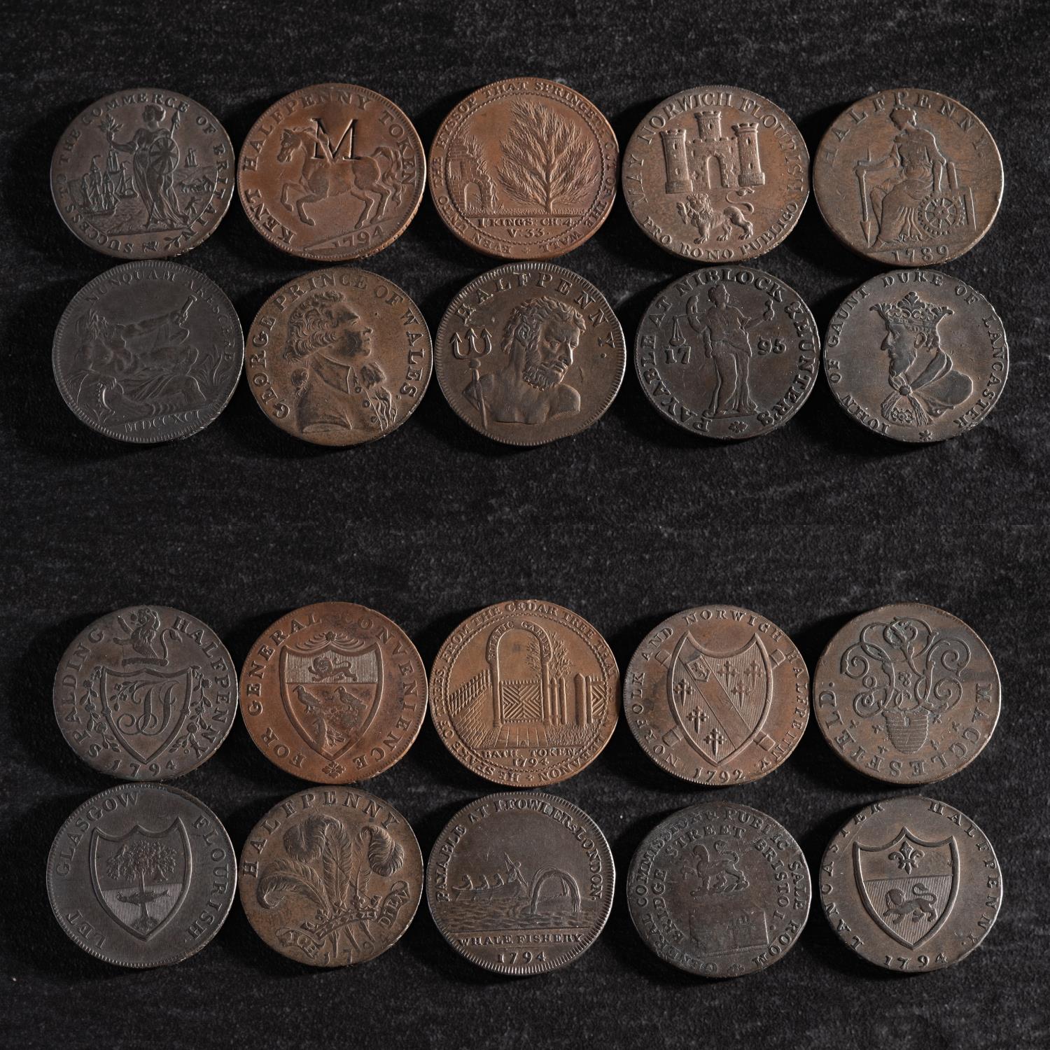 Ten 18th Century halfpenny tokens.
