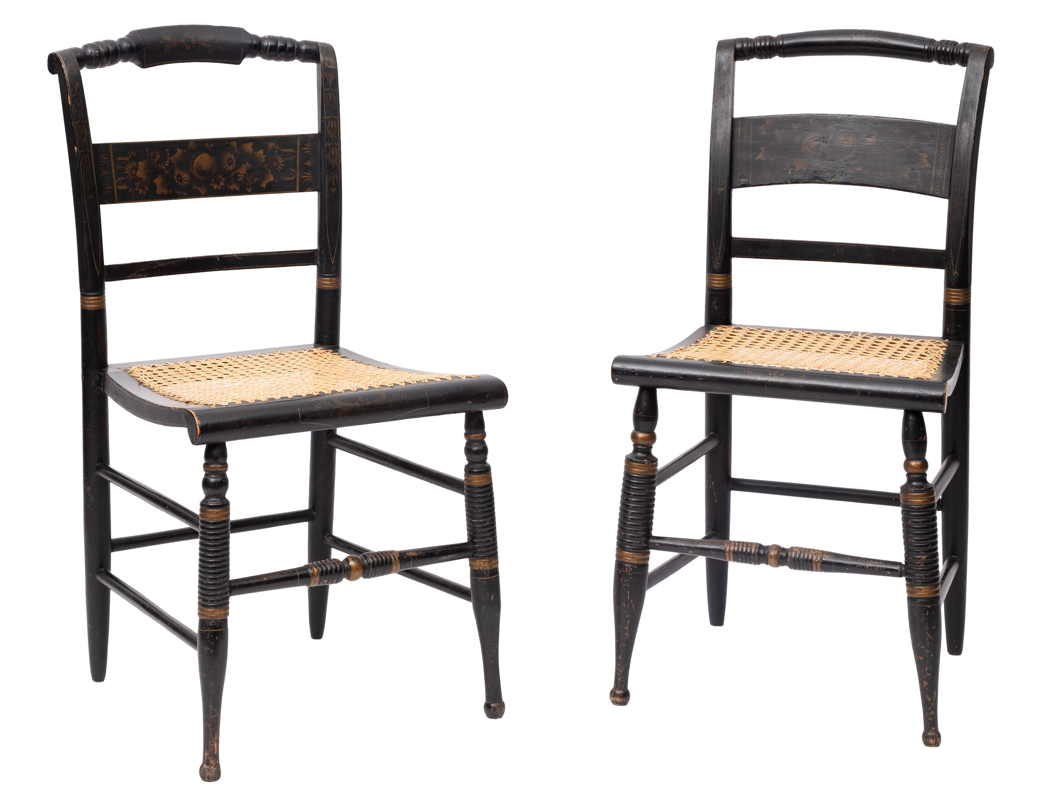 Two similar North American Sheraton ebonised and stenciled wood side chairs, by Lambert Hitchcock,