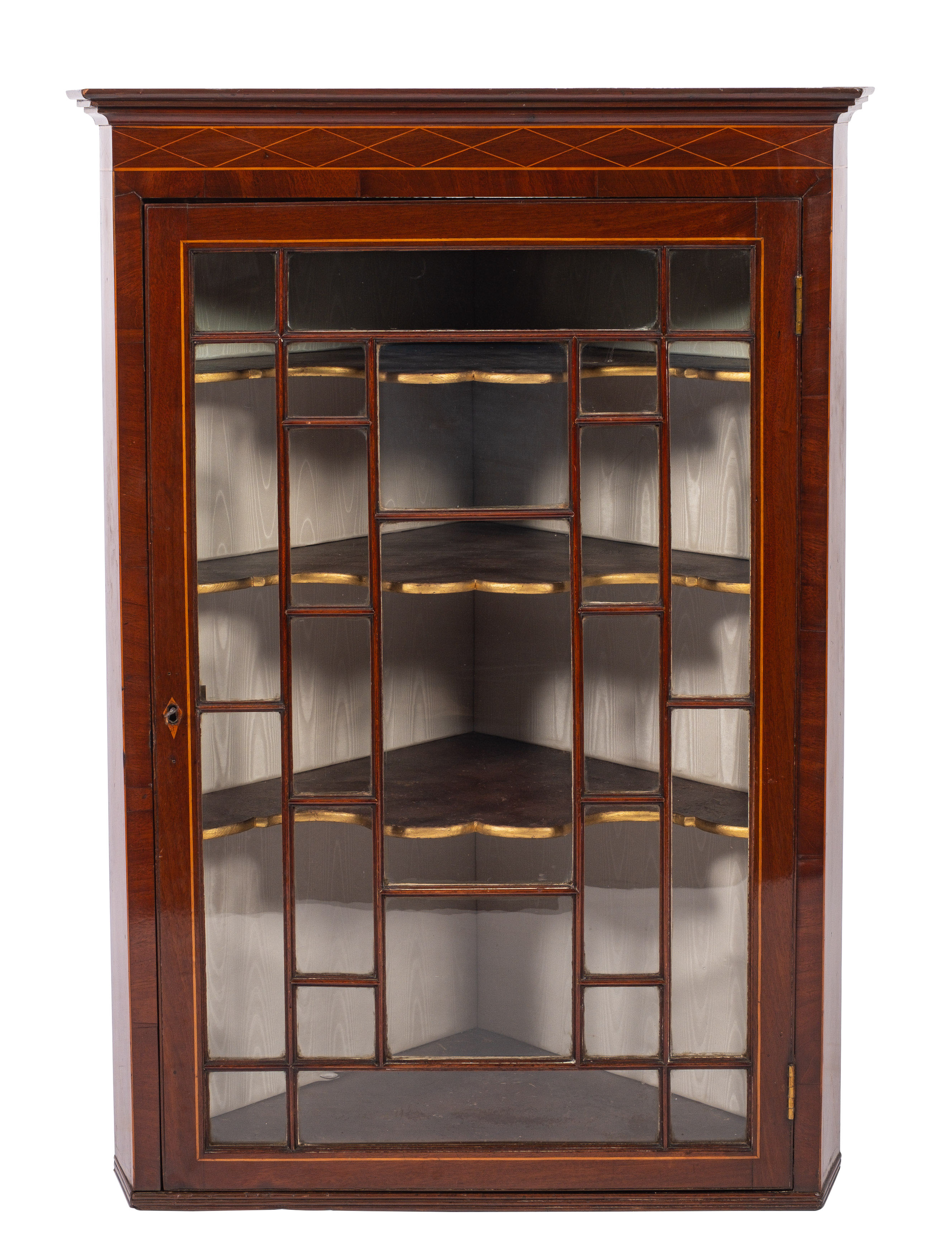 A 19th Century mahogany and inlaid hanging corner display cabinet,