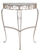A painted wrought iron and glass demi-lune conservatory table,