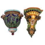 A Pesaro [Molaroni] majolica wall bracket and matched cistern, the former modelled with foliage,