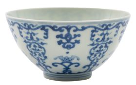 A Chinese blue and white bowl painted with bats and interlocking tendrils,
