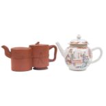 A Chinese Yixing double-chamber teapot and cover and a famille rose teapot and cover the first with