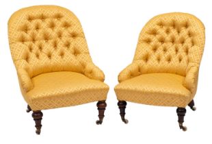 Two similar Victorian walnut frame nursing chairs,