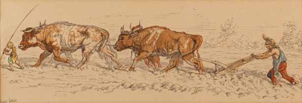 Ernest Henry Griset (French,1844-1907) Ploughing with oxen, Pen, ink and watercolour wash, 26 x 74.