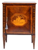 An Italian walnut, tulipwood and marquetry comodino, in the manner of Giuseppe Maggiolini,
