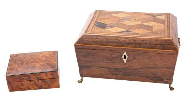 A Regency rosewood and specimen wood work box, the interior with fitted tray,