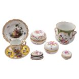 A mixed lot of Continental porcelain including a late Meissen box and cover painted with flowers