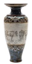 A large Doulton Lambeth stoneware vase by Hannah Barlow sgraffito decorated with horses and a foal