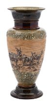 A Doulton Lambeth stoneware vase by Hannah Barlow sgraffito decorated with goats in a landscape
