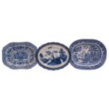 A small group of blue and white transfer decorated pottery, including meat plates,