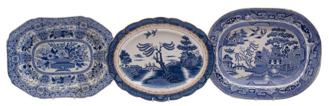 A small group of blue and white transfer decorated pottery, including meat plates,