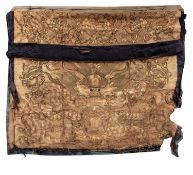 A Chinese silk dragon banner,worked with gold threads, 48 x 90, [distressed].