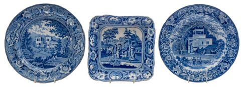 Three blue and white transfer decorated plates, an Oriental Scenery plate,
