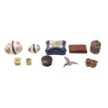 A small collection of assorted boxes, including a George III burr wood snuff box,