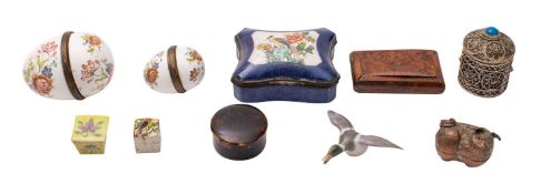 A small collection of assorted boxes, including a George III burr wood snuff box,