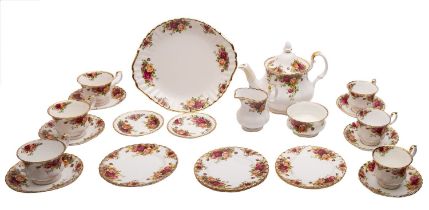 A Royal Albert Old Country Roses tea service, comprising a teapot and cover, milk jug, sugar bowl,