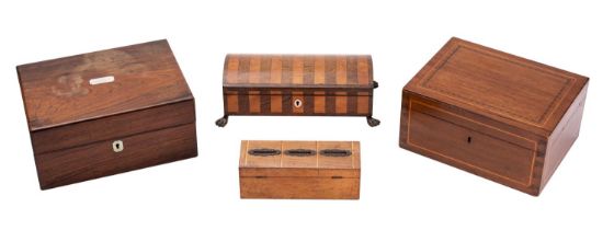 A Victorian rosewood and parquetry glove box, circa 1880; with shallow domed and hinged cover,