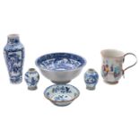 A mixed lot of Chinese porcelain comprising a blue and white toilet bowl with rolled rim, Jiaqing,