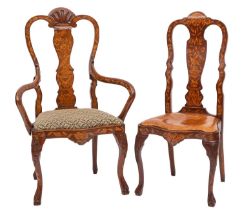 A 19th-century Dutch walnut and floral marquetry open armchair;