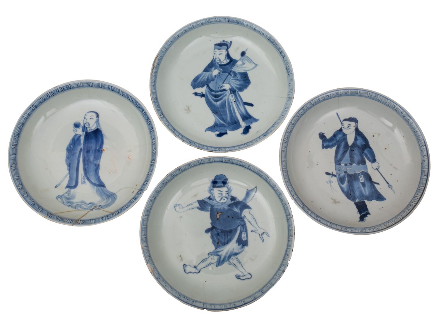 A set of four Chinese blue and white 'Immortals' saucer dishes each depiction painted within a key - Image 3 of 3