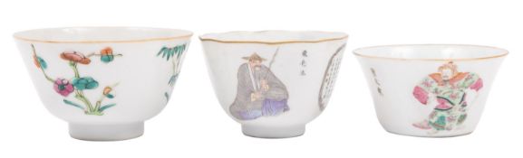 Two Chinese famille rose 'Wu Shuang Pu' cups and one other the first two painted with heroes,